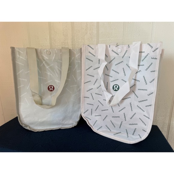 Lululemon Handbags - Lululemon Set of 2 Small Reusable Shopping Tote Bags White Grey Red Green Logo